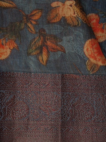 Teal Blue Floral Designed Chanderi Cotton Saree - Diadem