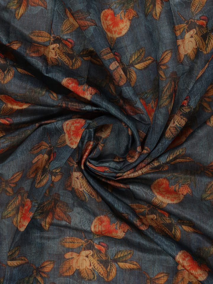 Teal Blue Floral Designed Chanderi Cotton Saree - Diadem