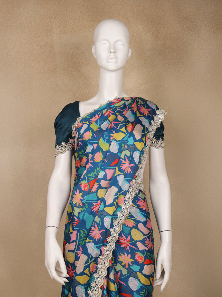 Teal Blue Floral Designed Satin Saree - Diadem