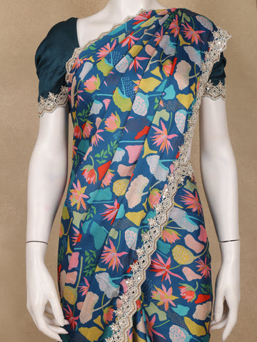 Teal Blue Floral Designed Satin Saree - Diadem