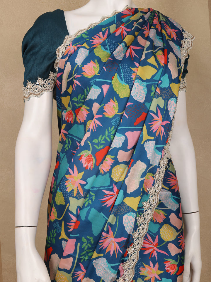 Teal Blue Floral Designed Satin Saree - Diadem