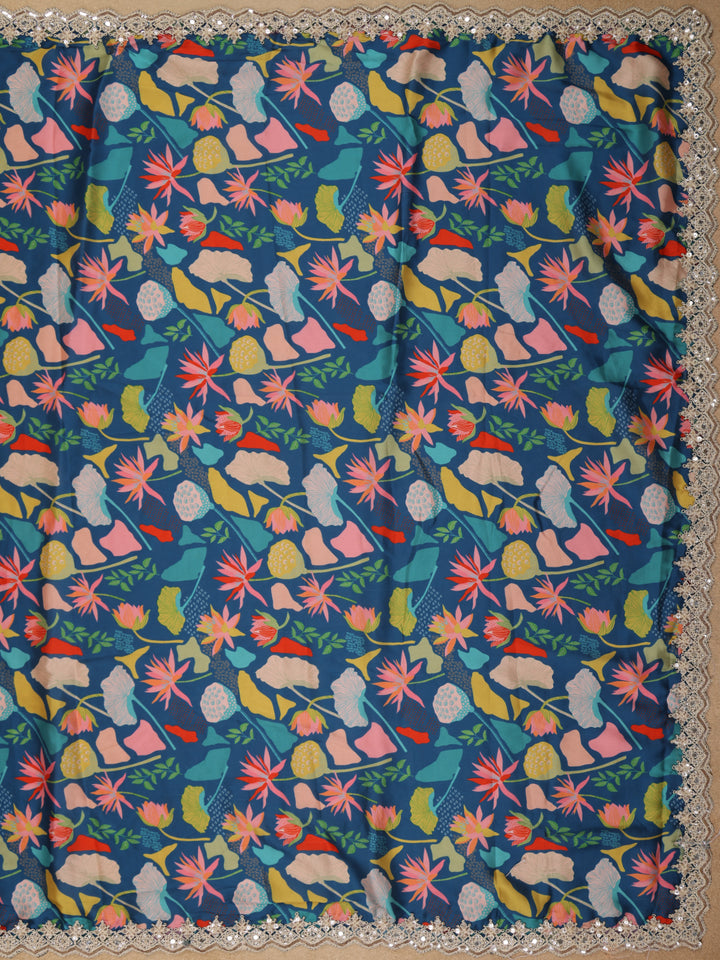 Teal Blue Floral Designed Satin Saree - Diadem