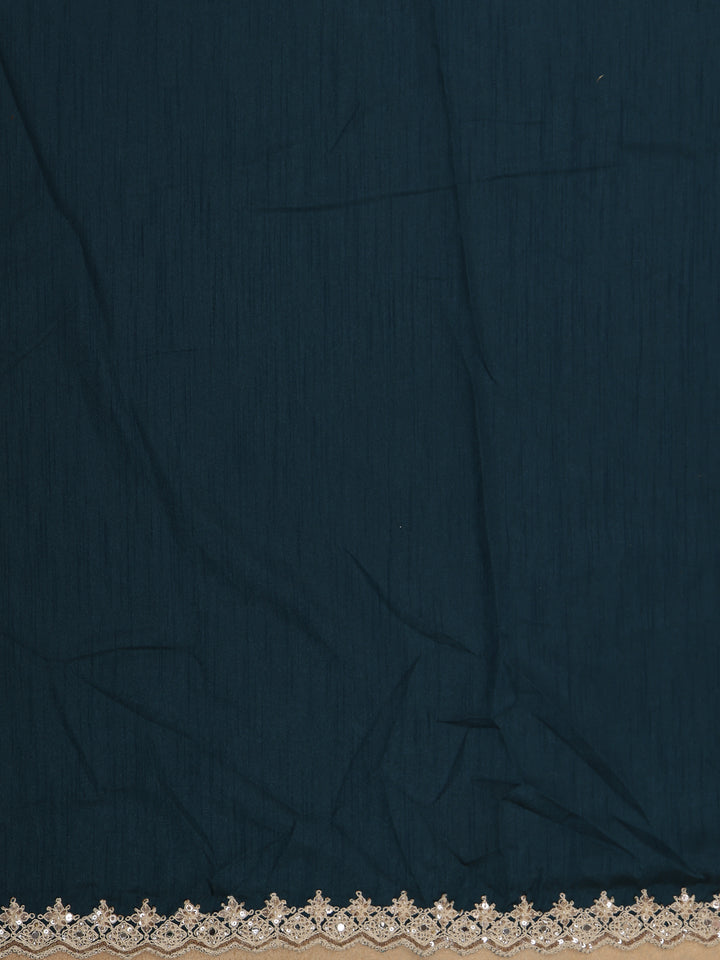 Teal Blue Floral Designed Satin Saree - Diadem