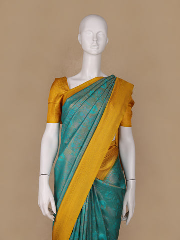 Teal Blue Floral Designed Soft Silk Saree - Diadem