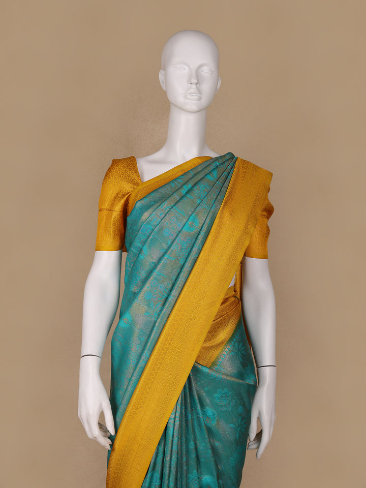 Teal Blue Floral Designed Soft Silk Saree - Diadem