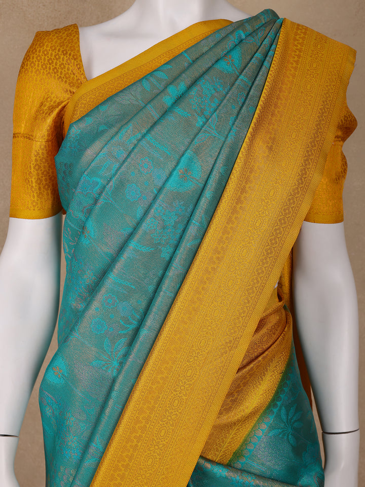 Teal Blue Floral Designed Soft Silk Saree - Diadem