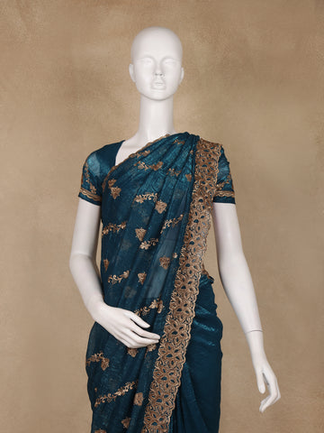 Teal Blue Floral Embellished Chiffon Saree - Diadem
