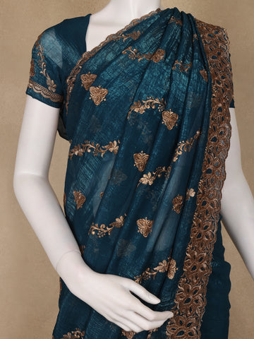 Teal Blue Floral Embellished Chiffon Saree - Diadem