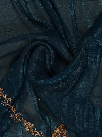 Teal Blue Floral Embellished Chiffon Saree - Diadem