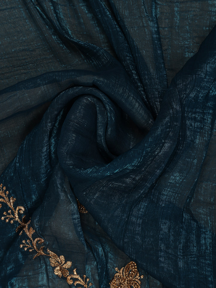 Teal Blue Floral Embellished Chiffon Saree - Diadem