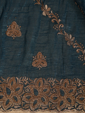Teal Blue Floral Embellished Chiffon Saree - Diadem