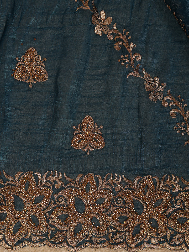 Teal Blue Floral Embellished Chiffon Saree - Diadem