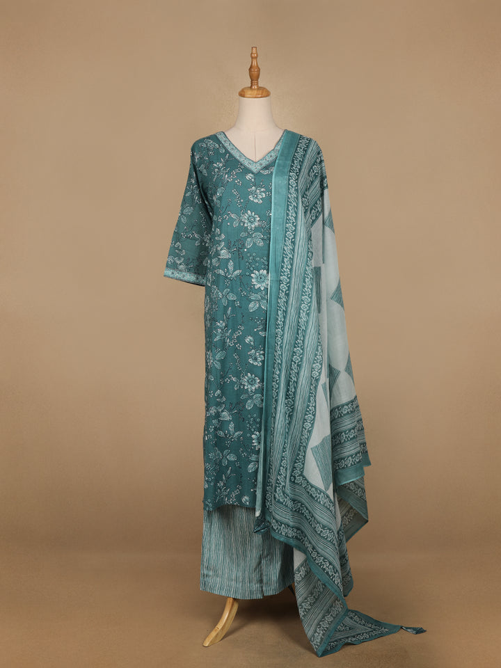 Teal Blue Floral Printed Cotton Salwar Suit - Diadem