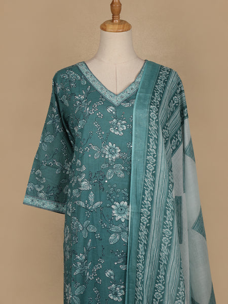 Teal Blue Floral Printed Cotton Salwar Suit - Diadem
