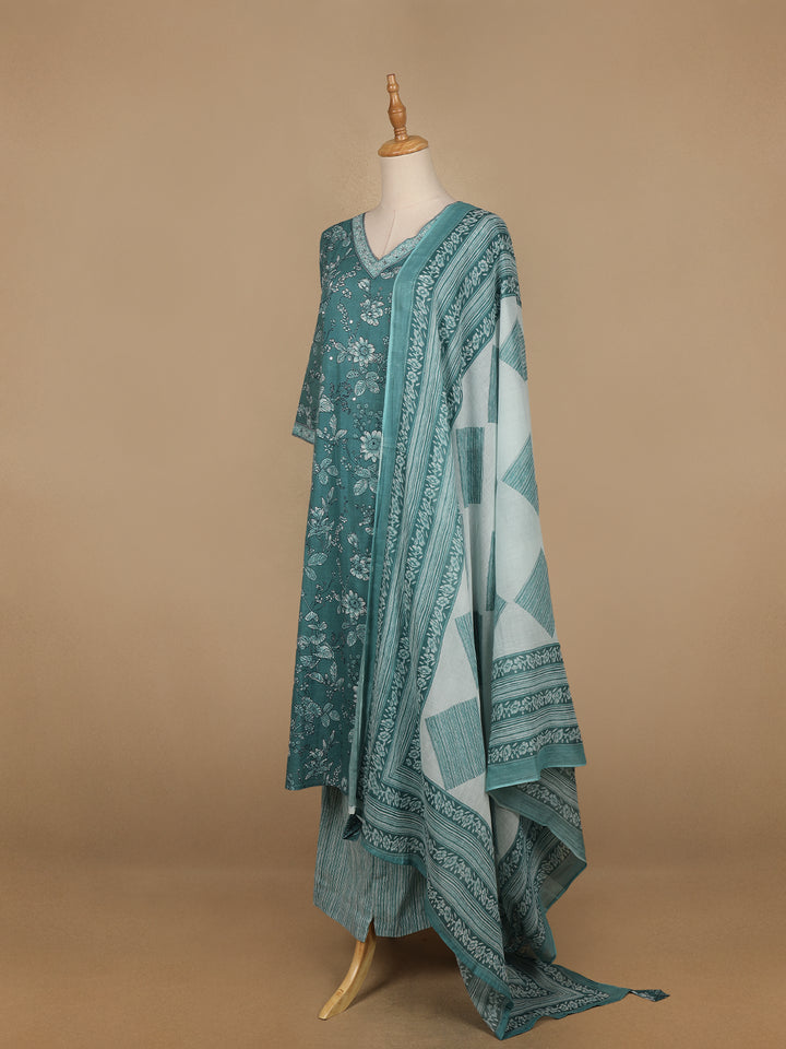 Teal Blue Floral Printed Cotton Salwar Suit - Diadem