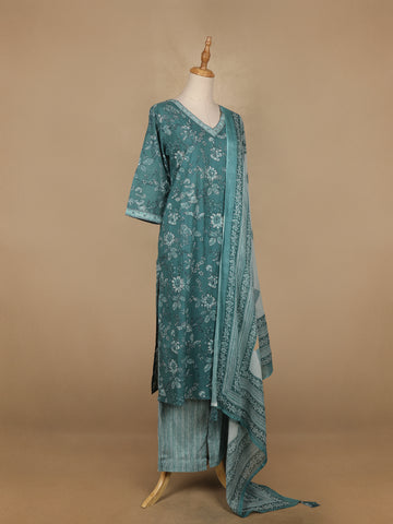 Teal Blue Floral Printed Cotton Salwar Suit - Diadem