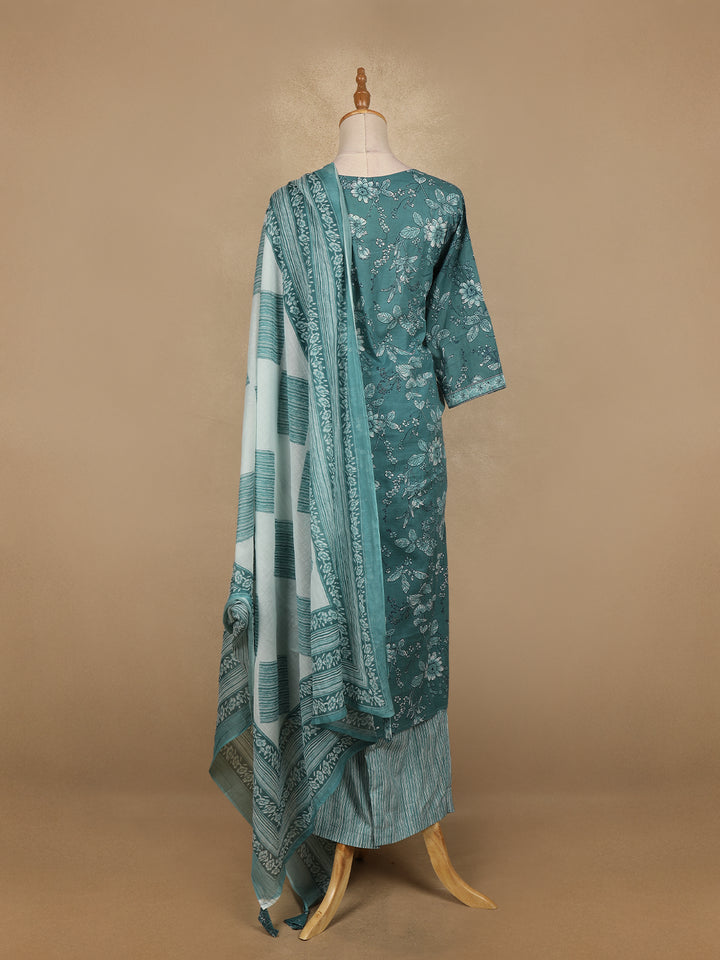 Teal Blue Floral Printed Cotton Salwar Suit - Diadem