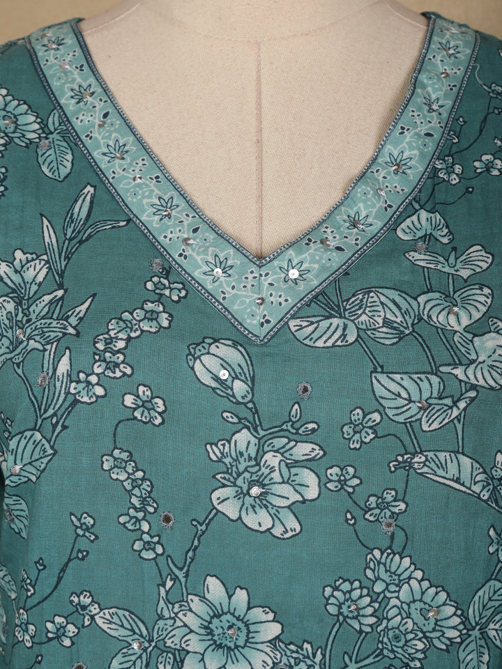 Teal Blue Floral Printed Cotton Salwar Suit - Diadem