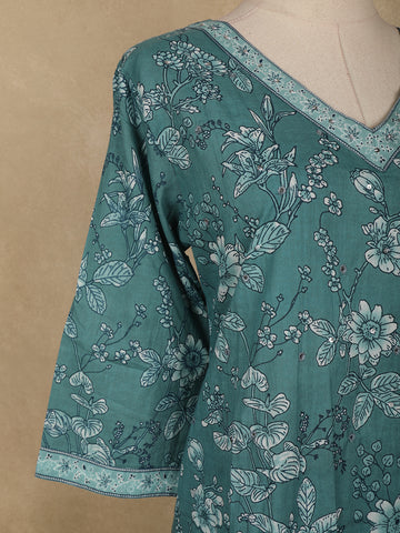 Teal Blue Floral Printed Cotton Salwar Suit - Diadem
