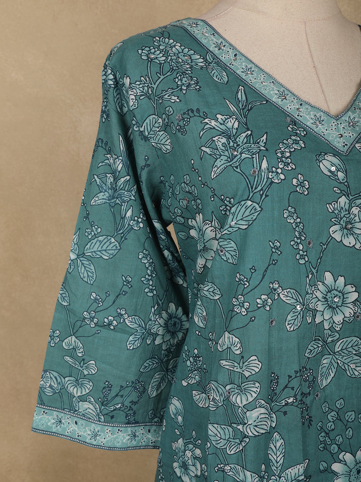Teal Blue Floral Printed Cotton Salwar Suit - Diadem