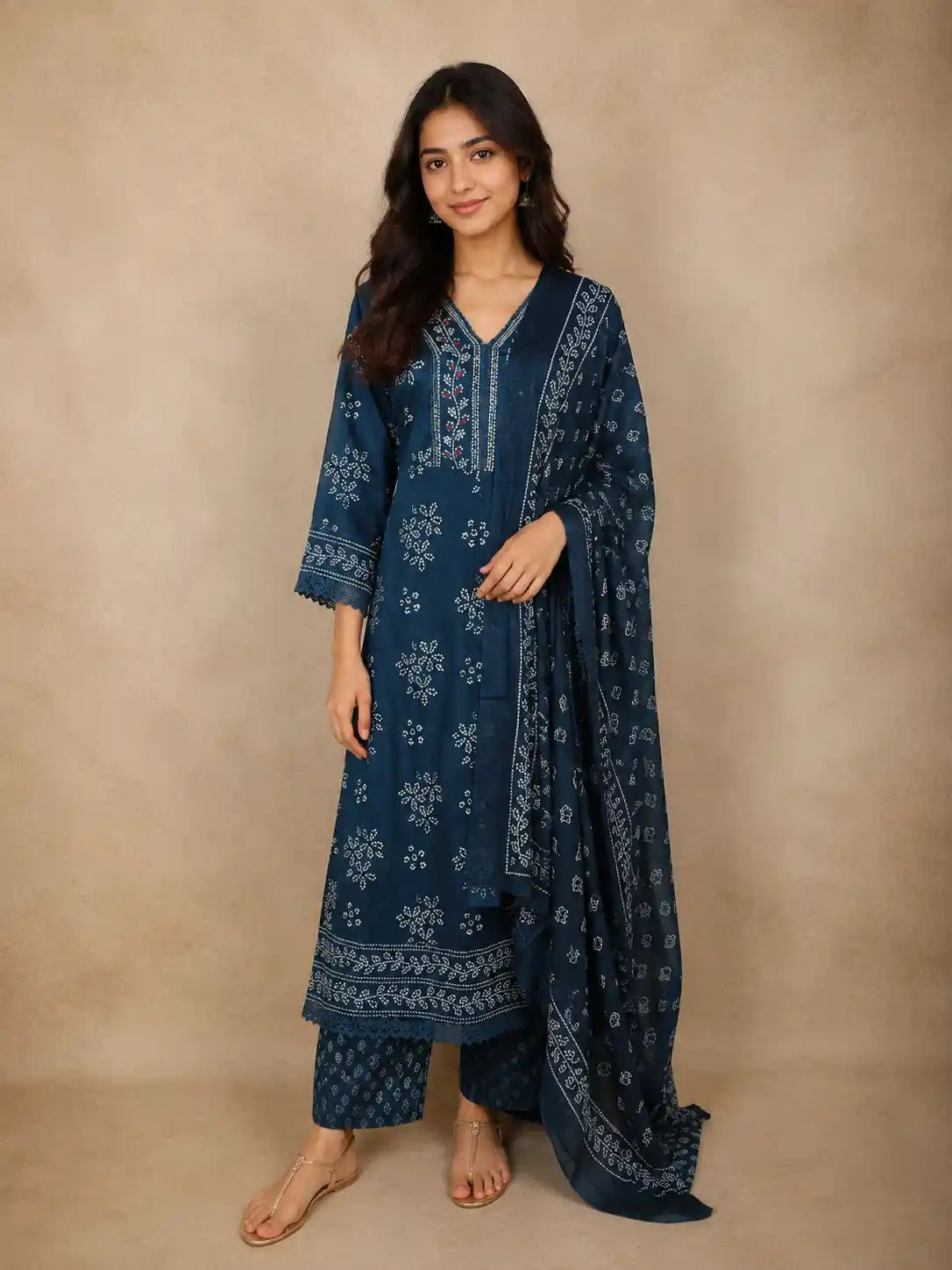 Teal Blue Floral Printed Design Anarkali Cotton Salwar Suit