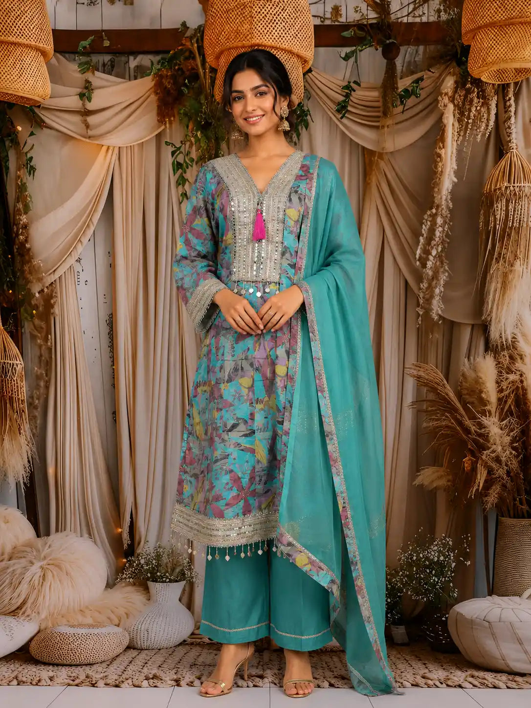 Teal Blue Floral Printed Design Tissue Silk Anarkali Salwar Suit