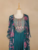 Teal Blue Floral Printed IndoWestern Crepe Gown - Diadem