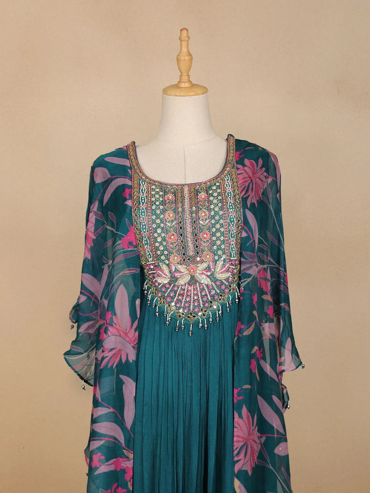 Teal Blue Floral Printed IndoWestern Crepe Gown - Diadem