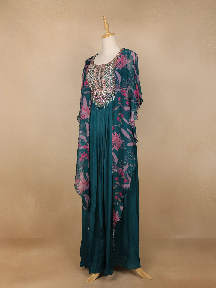 Teal Blue Floral Printed IndoWestern Crepe Gown - Diadem