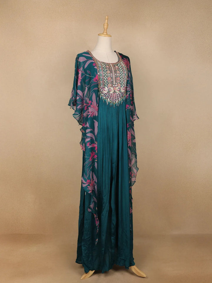 Teal Blue Floral Printed IndoWestern Crepe Gown - Diadem