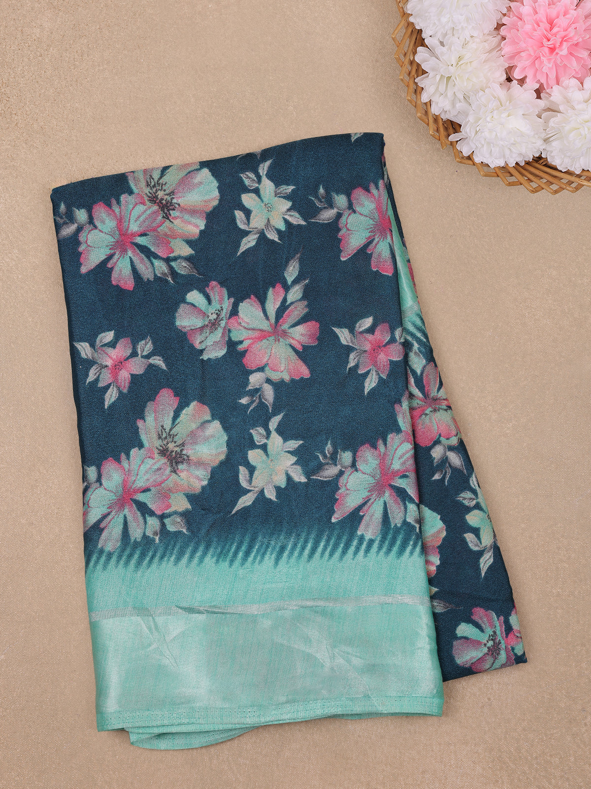 Teal Blue Floral Prints Fancy Georgette Saree - Diadem