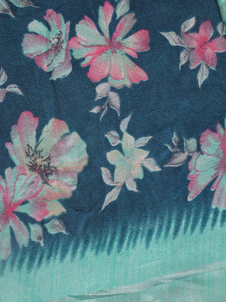 Teal Blue Floral Prints Fancy Georgette Saree - Diadem