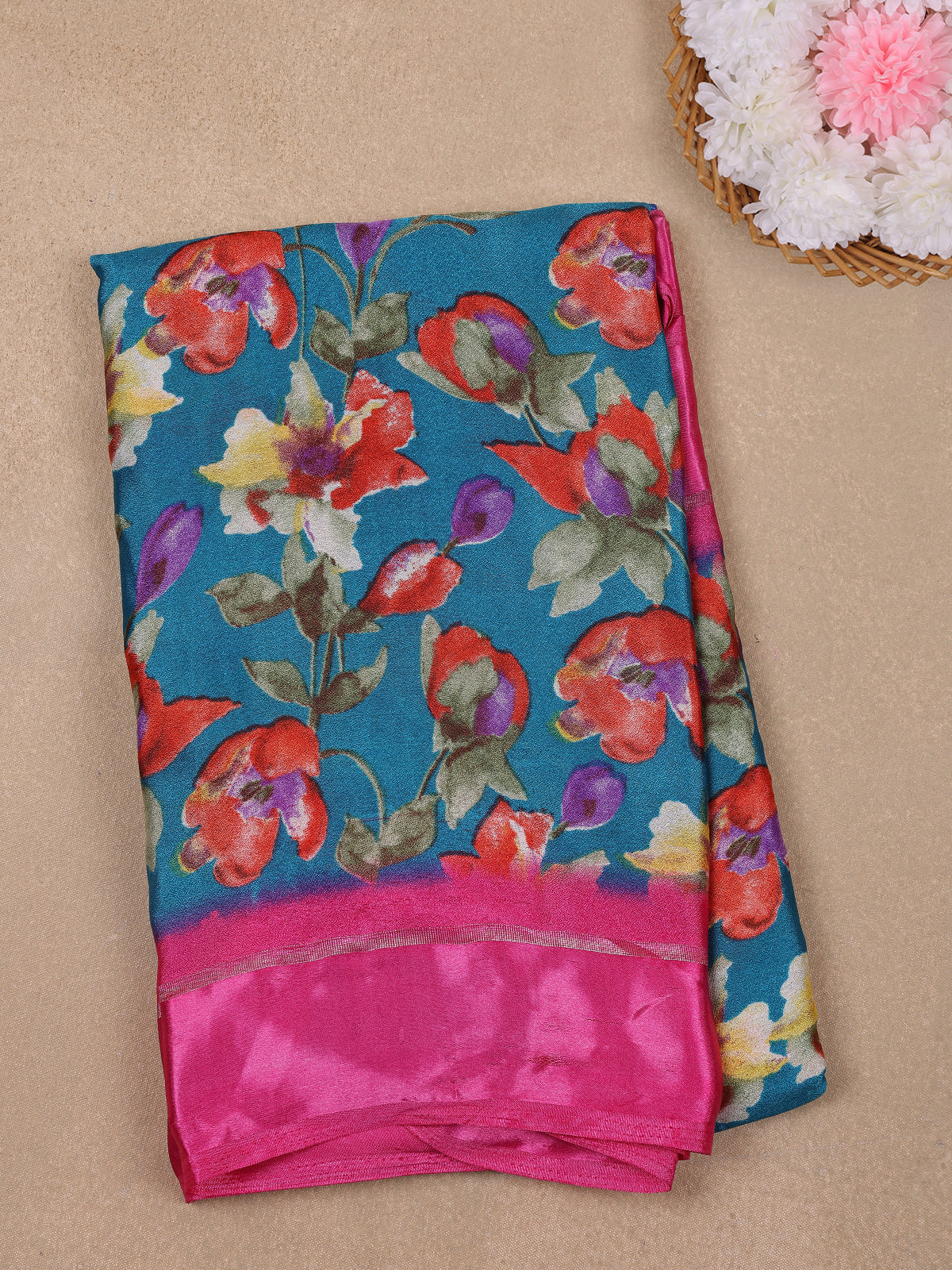 Teal Blue Floral Prints Fancy Georgette Saree - Diadem