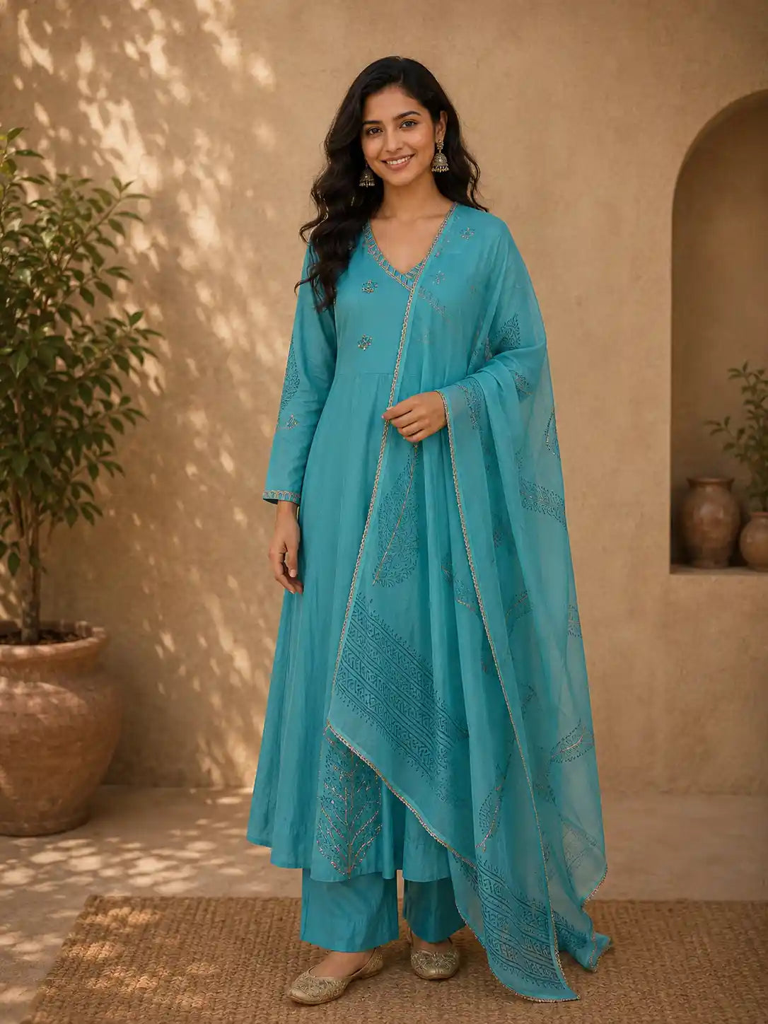 Teal Blue Floral Sequins Embroidered Silk Cotton Anarkali Salwar Suit with Dupatta