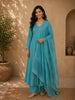 Teal Blue Floral Sequins Embroidered Silk Cotton Anarkali Salwar Suit with Dupatta