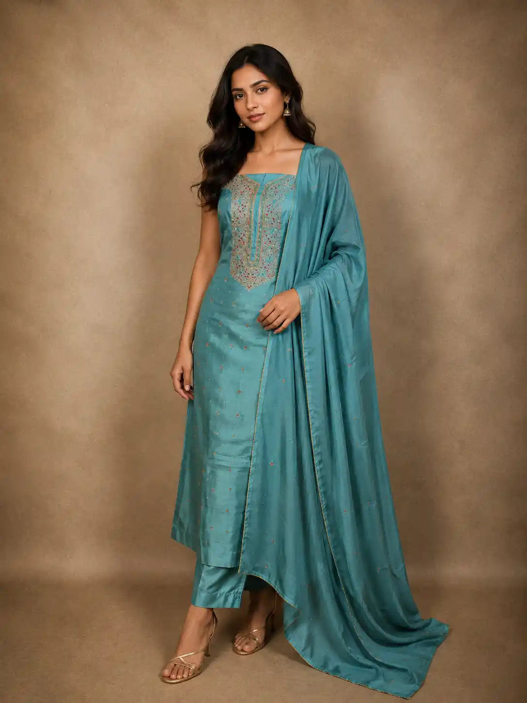 Teal Blue Floral Sequins and Thread Embroidered Design Tussar Silk Unstitched Salwar Material with Dupatta