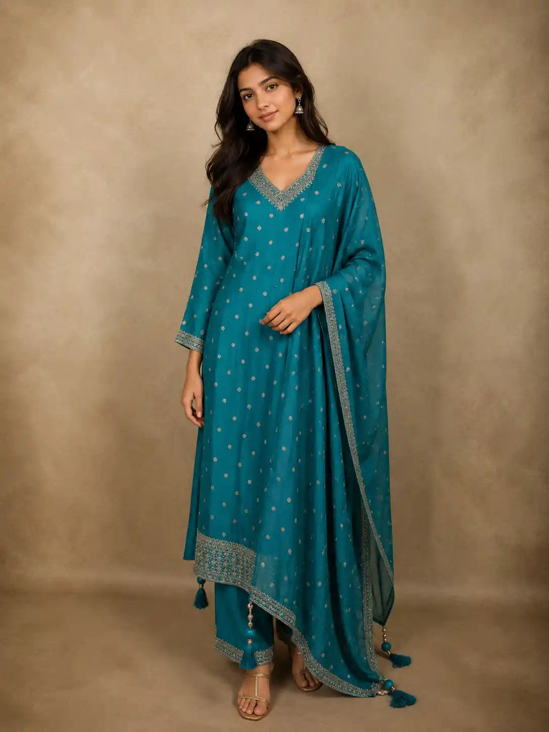 Teal Blue Floral Zari Embroidered Design Tussar Silk Salwar Suit with Dupatta