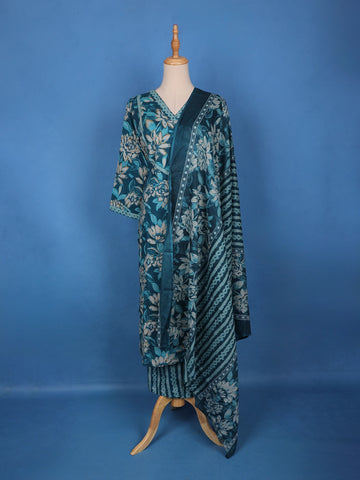 Teal Blue Floral and Striped Printed Design Cotton Salwar Suit - Diadem