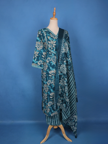 Teal Blue Floral and Striped Printed Design Cotton Salwar Suit - Diadem