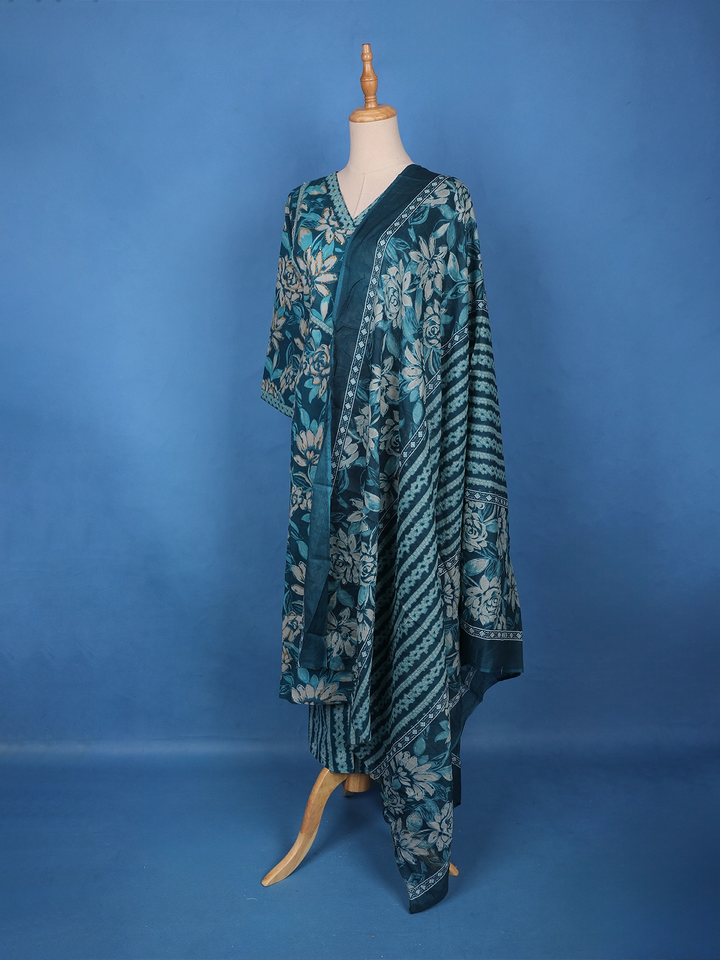 Teal Blue Floral and Striped Printed Design Cotton Salwar Suit - Diadem