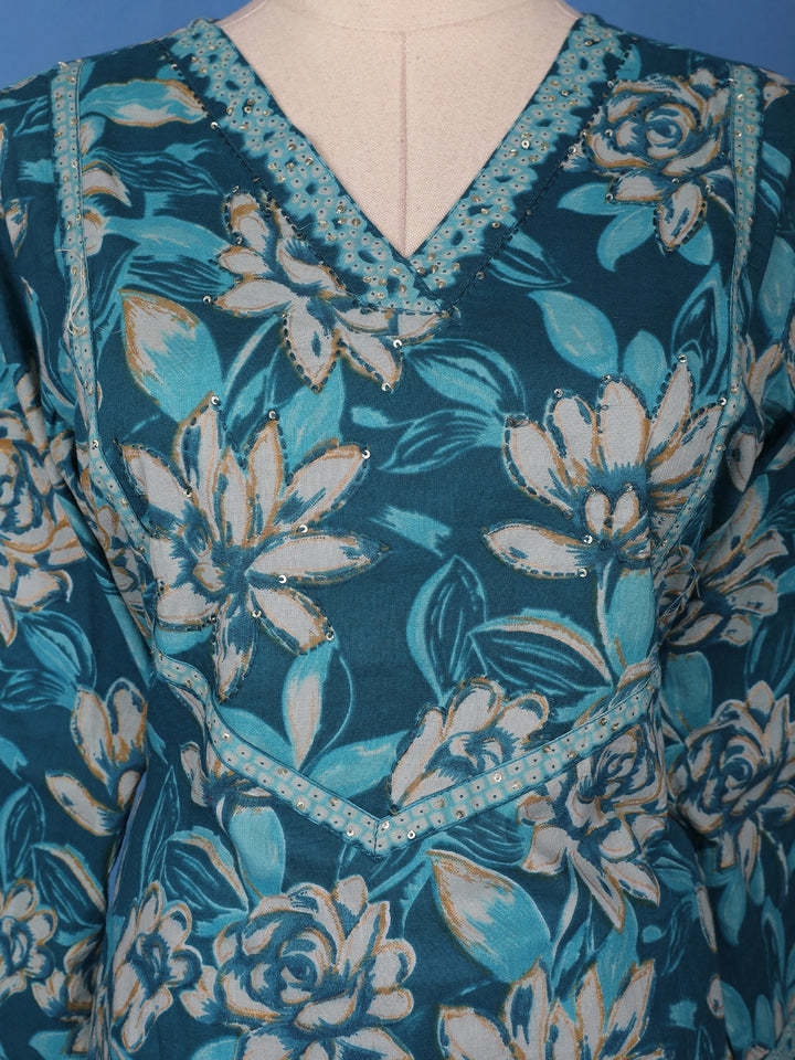 Teal Blue Floral and Striped Printed Design Cotton Salwar Suit - Diadem