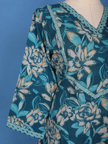 Teal Blue Floral and Striped Printed Design Cotton Salwar Suit - Diadem