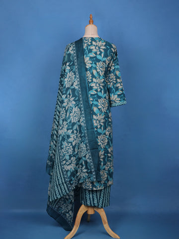 Teal Blue Floral and Striped Printed Design Cotton Salwar Suit - Diadem