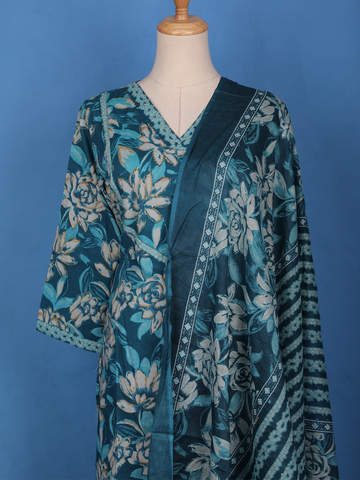 Teal Blue Floral and Striped Printed Design Cotton Salwar Suit - Diadem