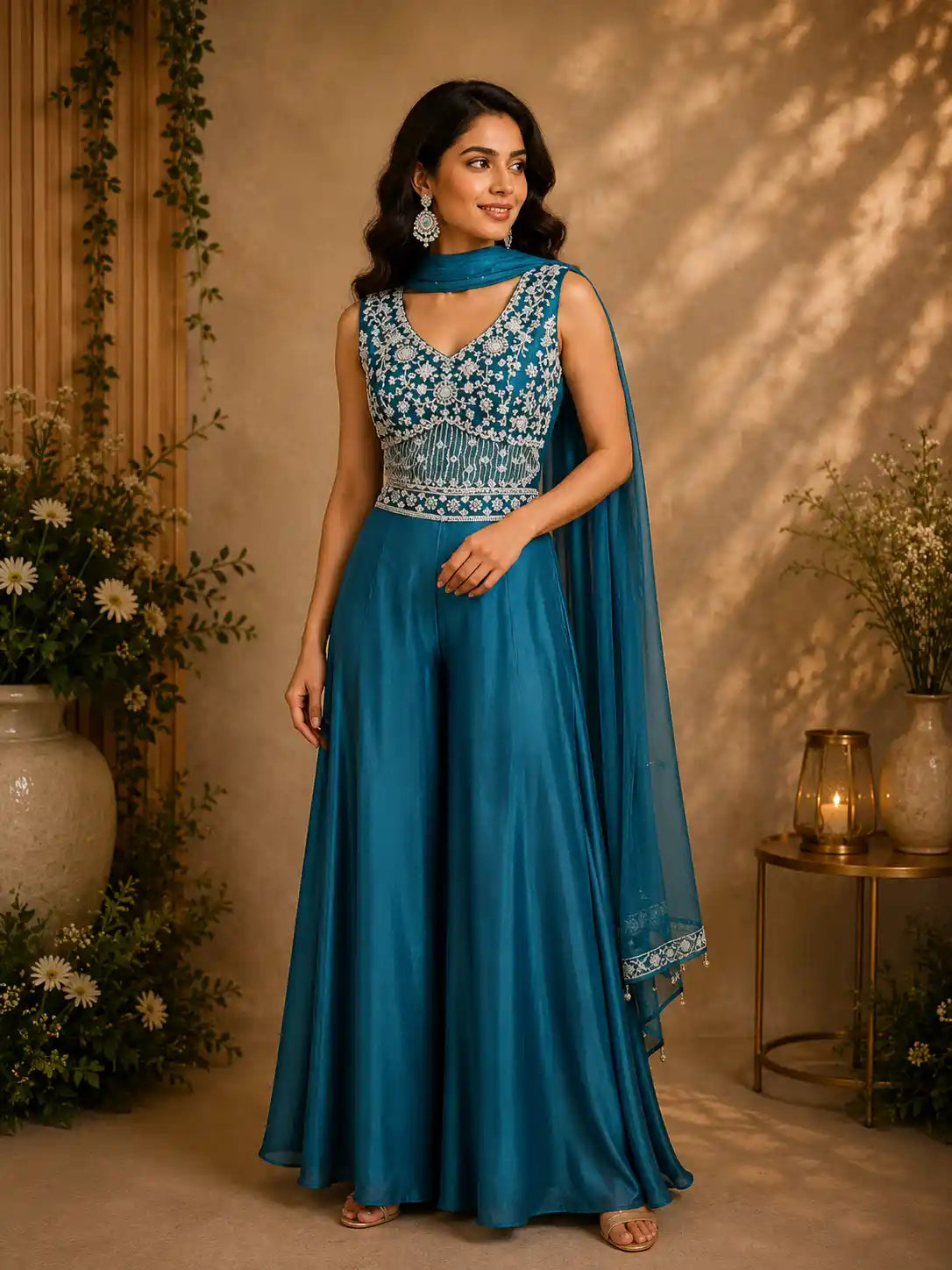Teal Blue Heavy Sequins and Beads Embroidered Design Georgette Palazzo Suit with Dupatta