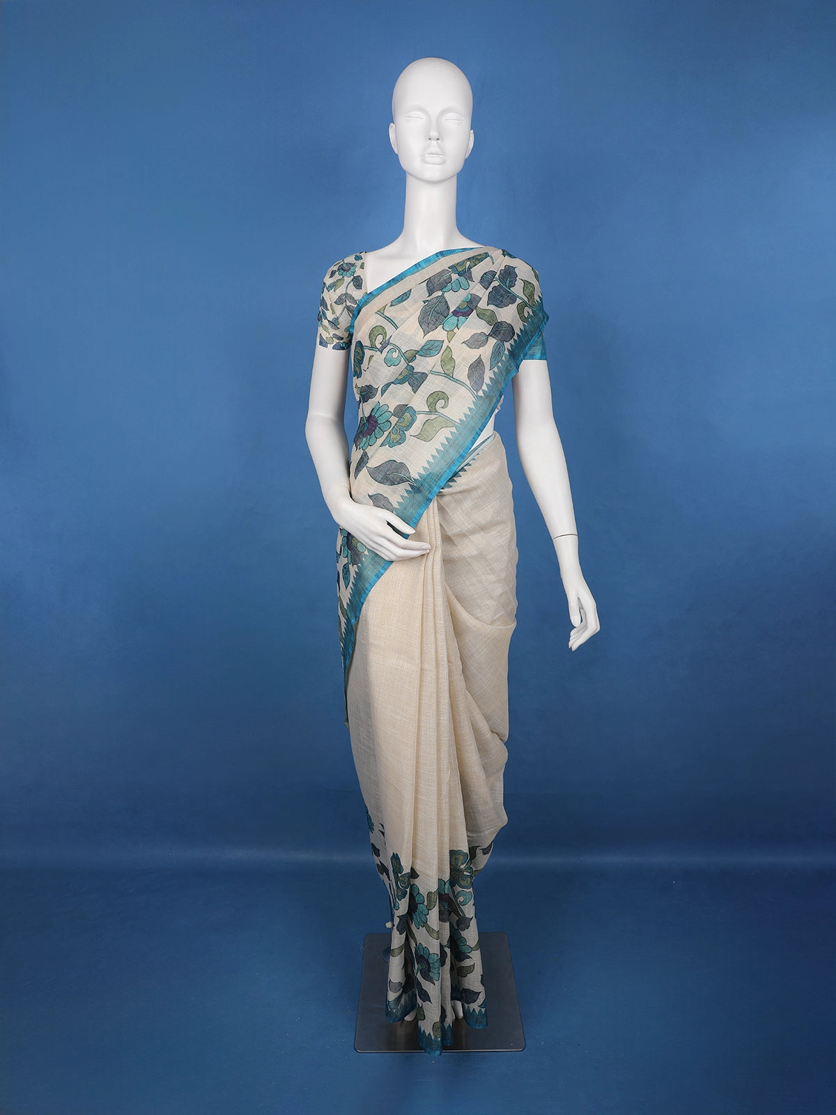 Teal Blue Kalamkari Inspired Floral Printed Cotton Saree - Diadem