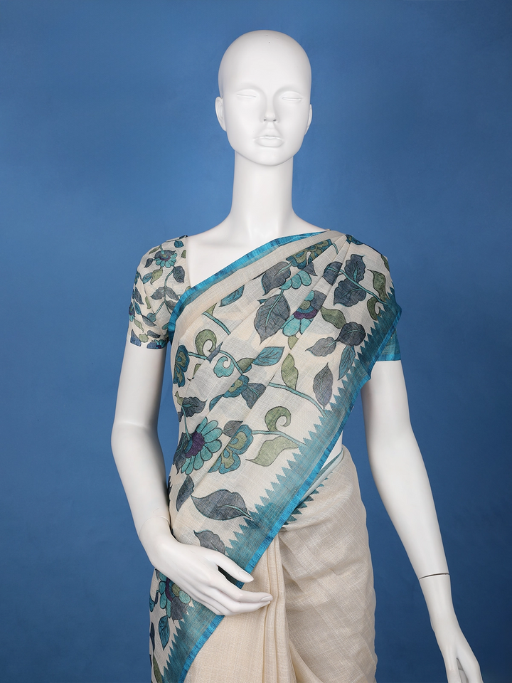 Teal Blue Kalamkari Inspired Floral Printed Cotton Saree - Diadem