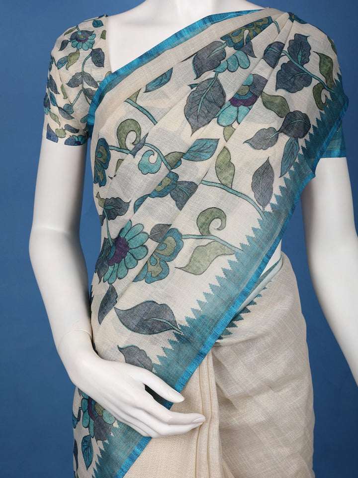 Teal Blue Kalamkari Inspired Floral Printed Cotton Saree - Diadem