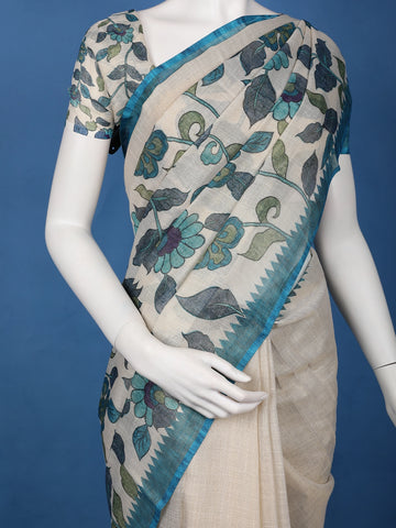 Teal Blue Kalamkari Inspired Floral Printed Cotton Saree - Diadem
