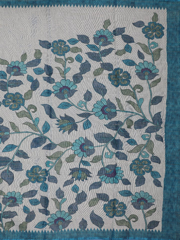 Teal Blue Kalamkari Inspired Floral Printed Cotton Saree - Diadem